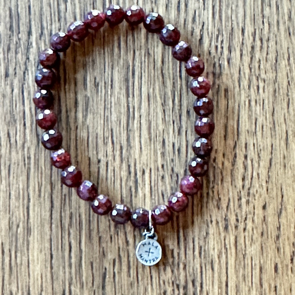 Mala + Mantra Genuine Faceted Garnet Beaded Bracelet with Brand Charm